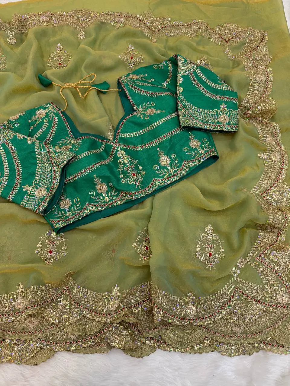 Sage Sequin Embroidered Chiffon Saree