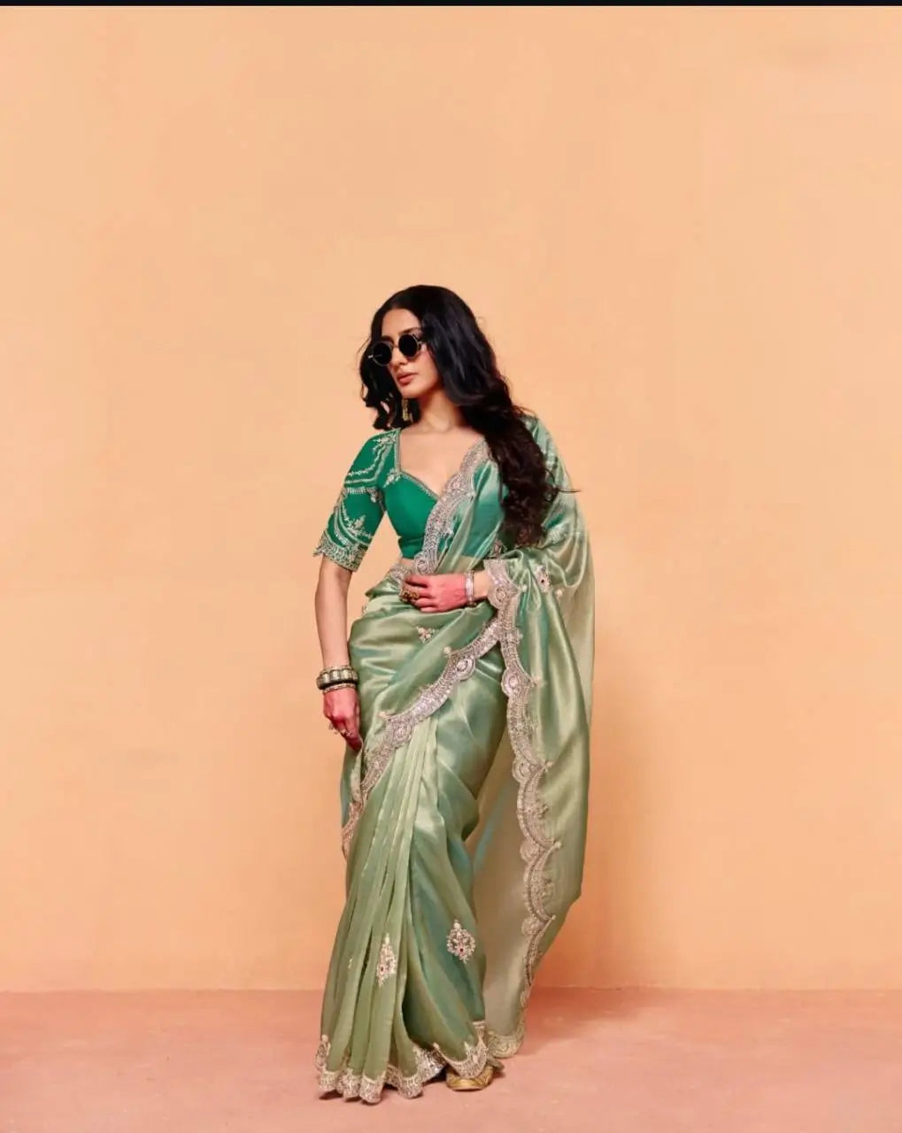 Sage Sequin Embroidered Chiffon Saree