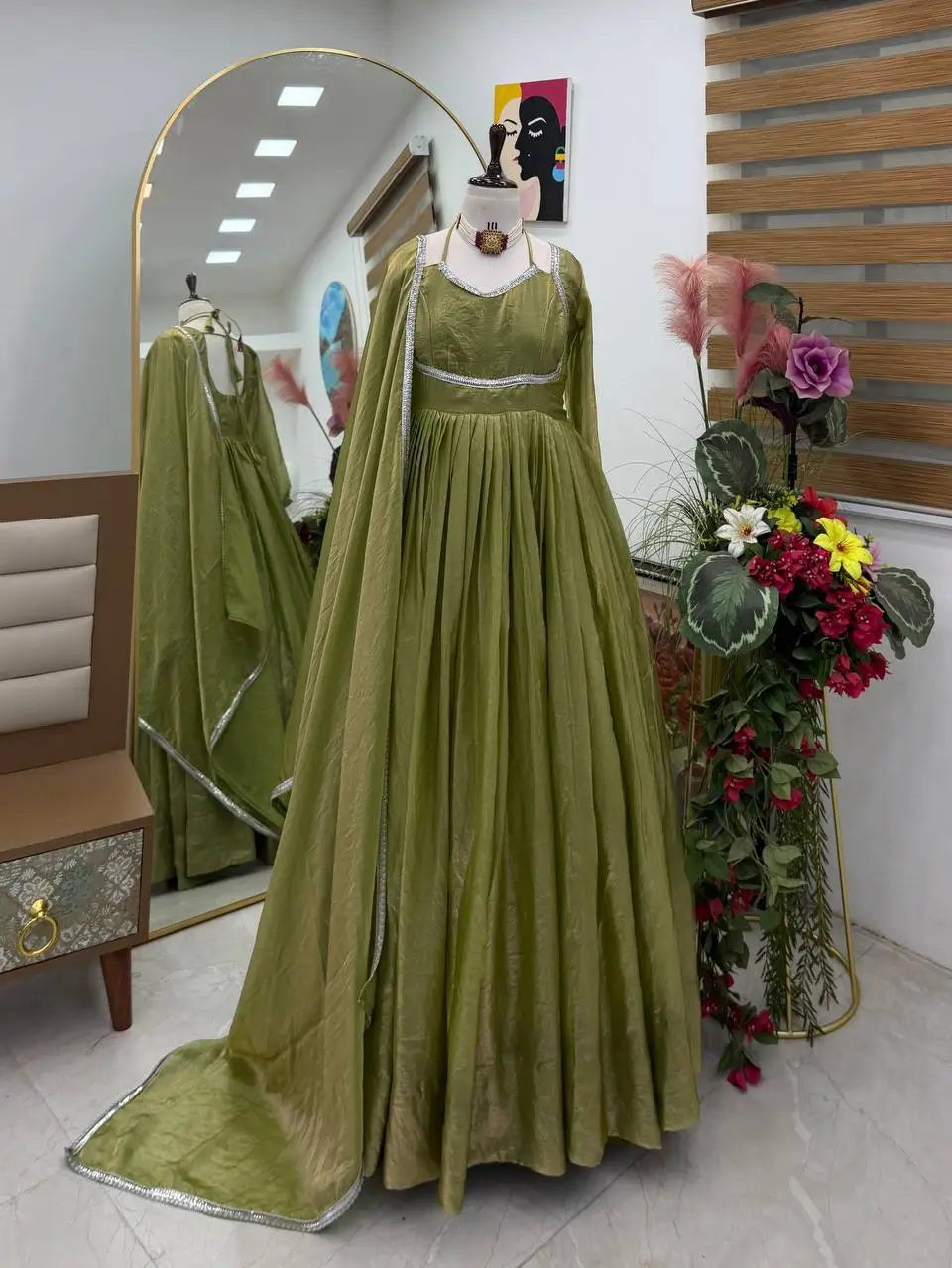 Sage Shimmer Flared Gown