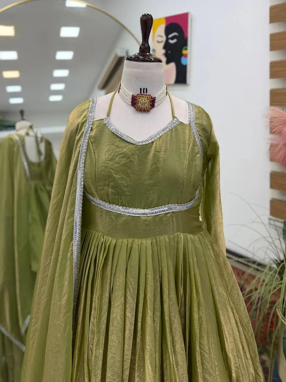 Sage Shimmer Flared Gown