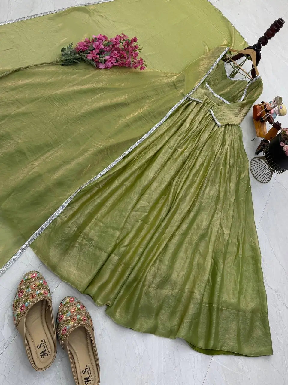 Sage Shimmer Flared Gown