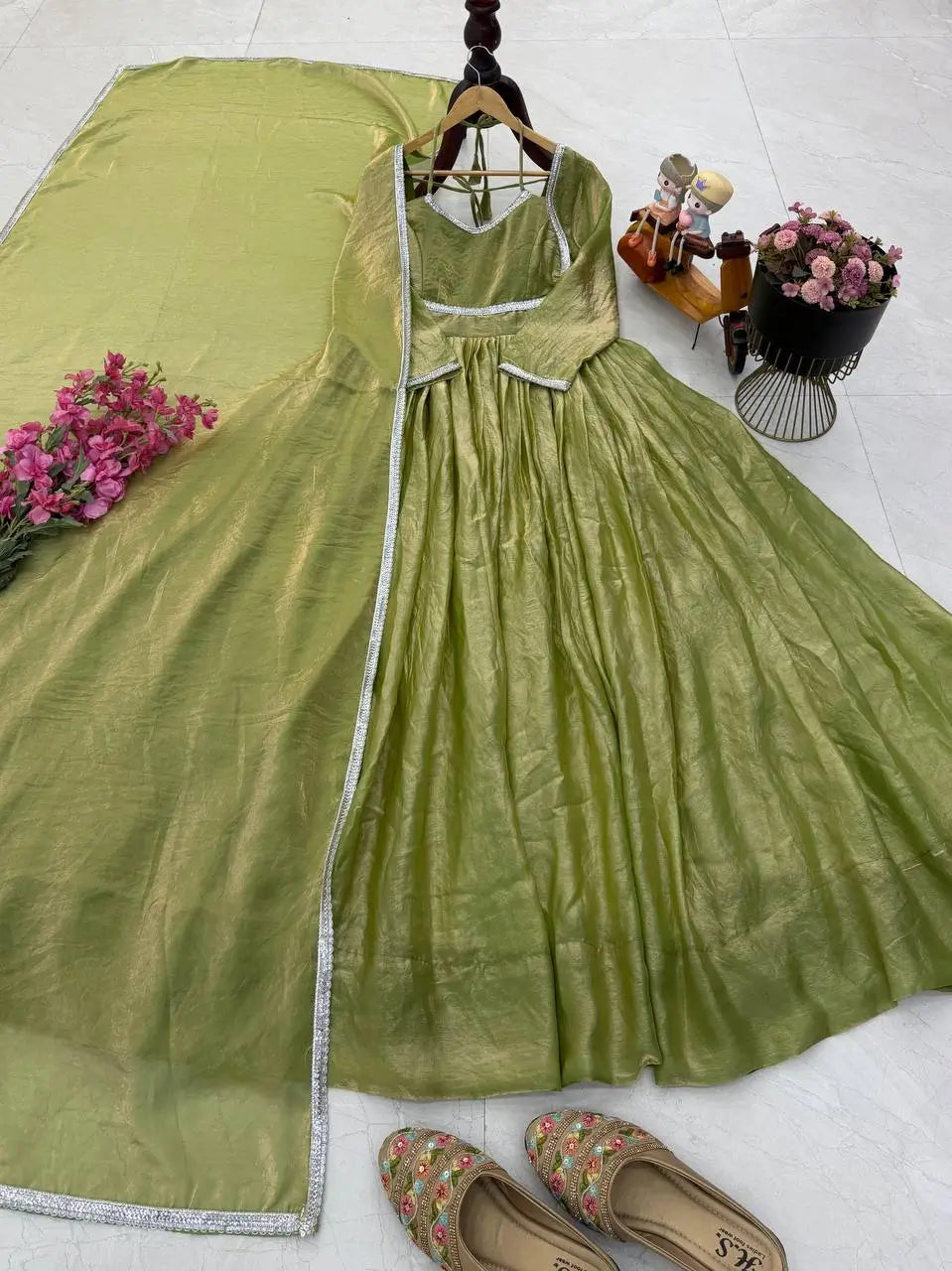 Sage Shimmer Flared Gown