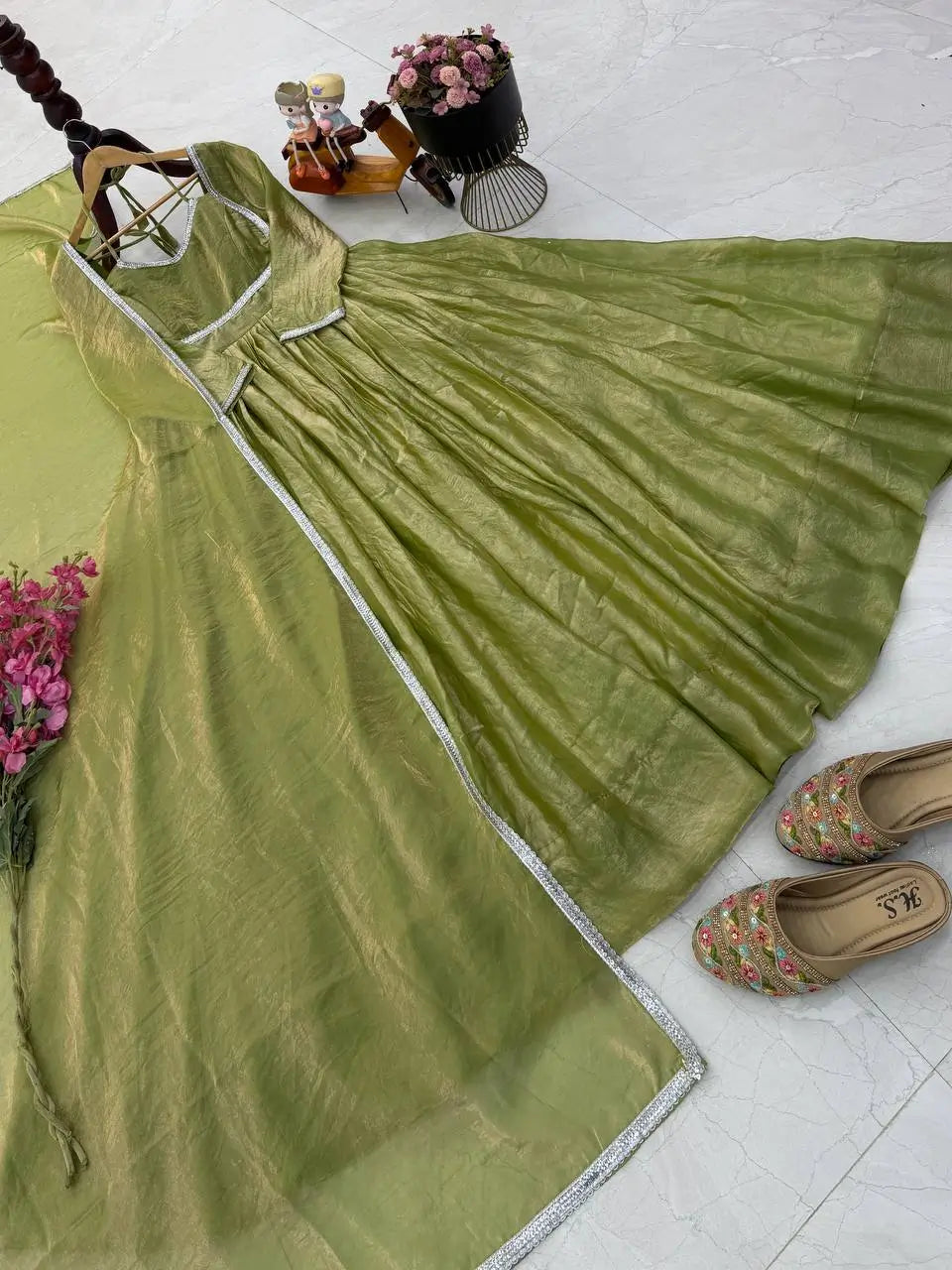 Sage Shimmer Flared Gown
