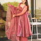 Salmon Pink Organza Foil Work Anarkali Gown Set with Dupatta