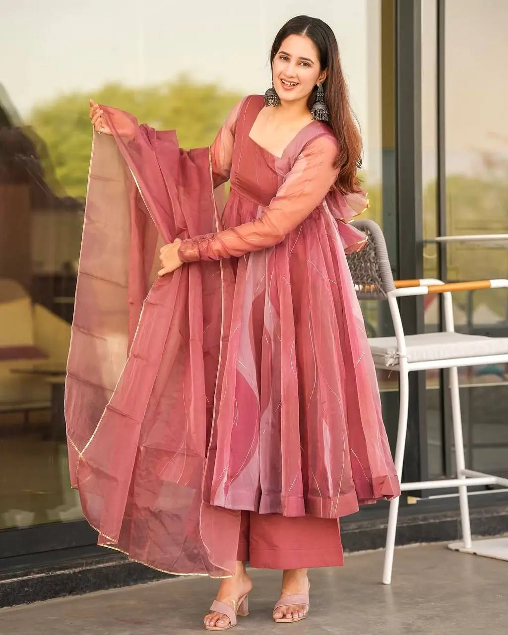 Salmon Pink Organza Foil Work Anarkali Gown Set with Dupatta