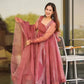 Salmon Pink Organza Foil Work Anarkali Gown Set with Dupatta
