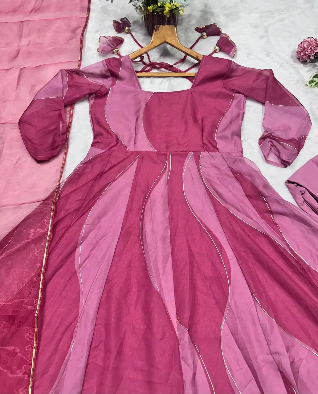 Salmon Pink Organza Foil Work Anarkali Gown Set with Dupatta