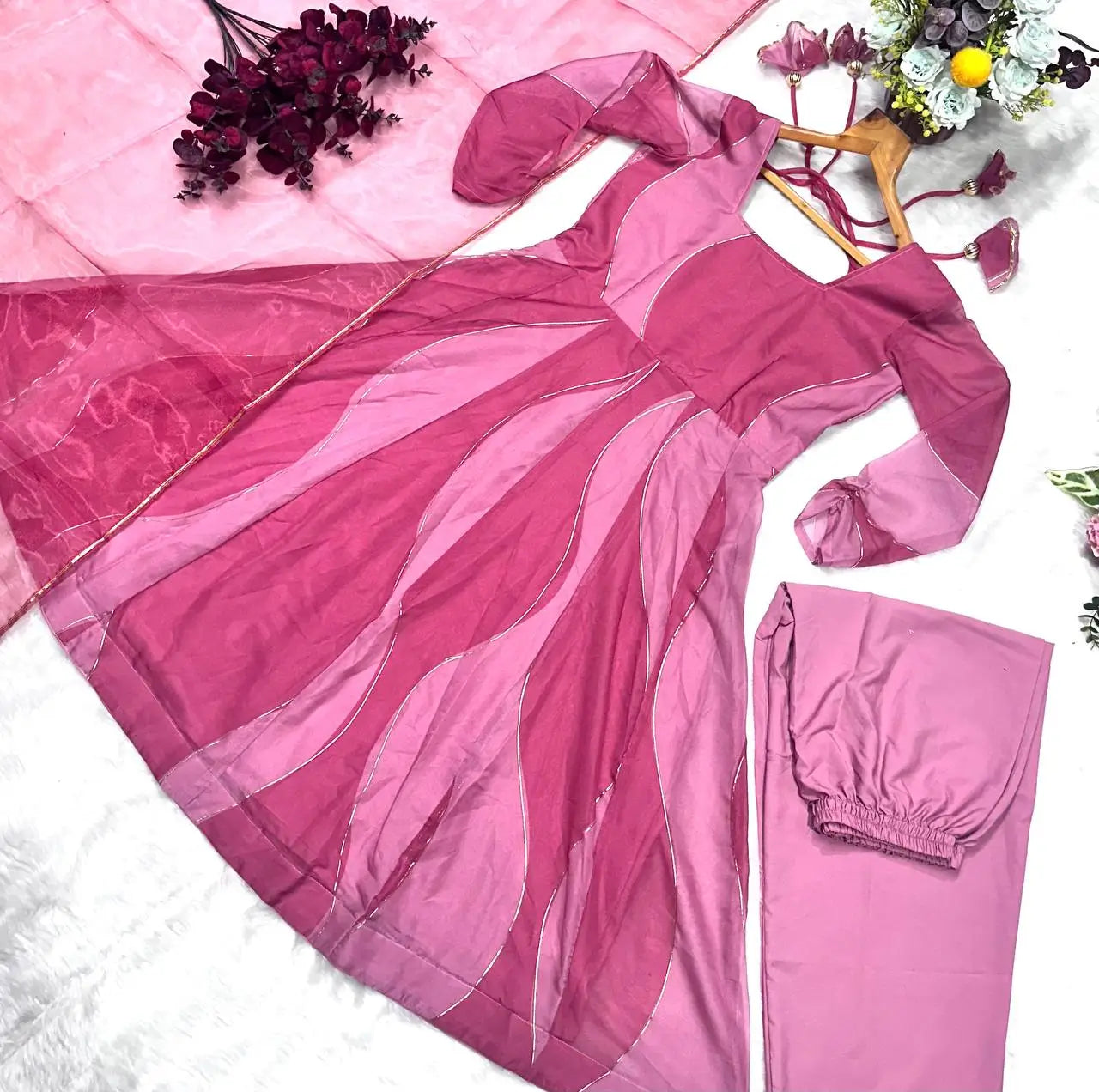 Salmon Pink Organza Foil Work Anarkali Gown Set with Dupatta
