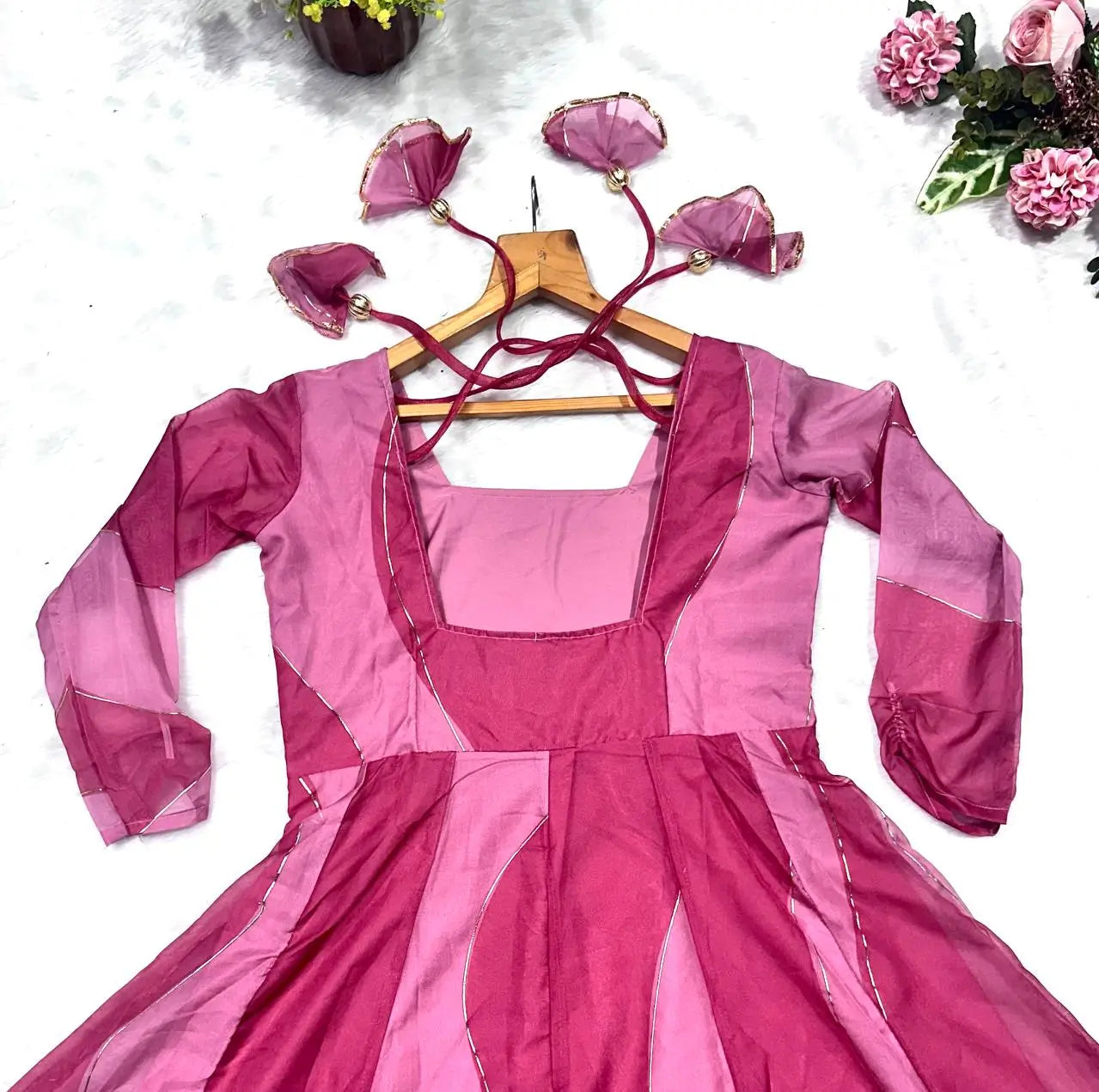 Salmon Pink Organza Foil Work Anarkali Gown Set with Dupatta