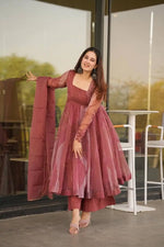 Salmon Pink Organza Foil Work Anarkali Gown Set with Dupatta