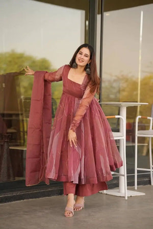 Salmon Pink Organza Foil Work Anarkali Gown Set with Dupatta