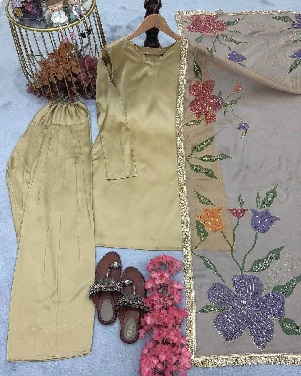 Satin Silk Palazzo Suit Set with Organza Dupatta