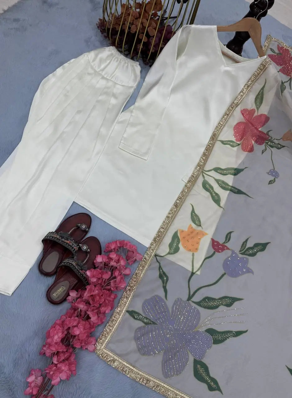 Satin Silk Palazzo Suit Set with Organza Dupatta