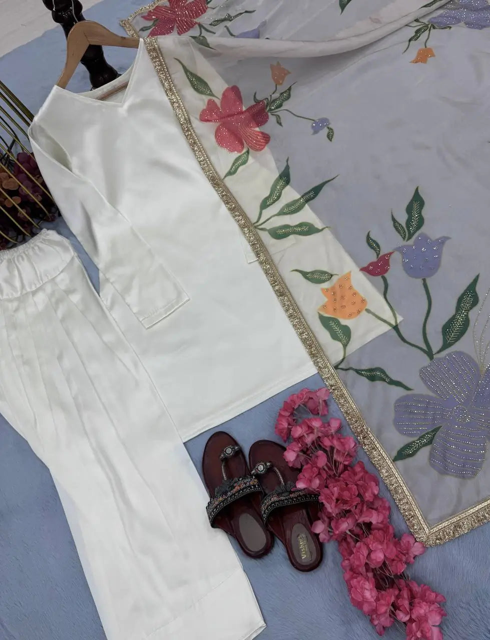 Satin Silk Palazzo Suit Set with Organza Dupatta