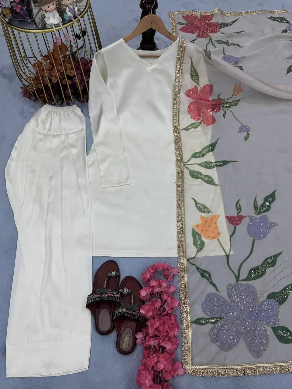 Satin Silk Palazzo Suit Set with Organza Dupatta