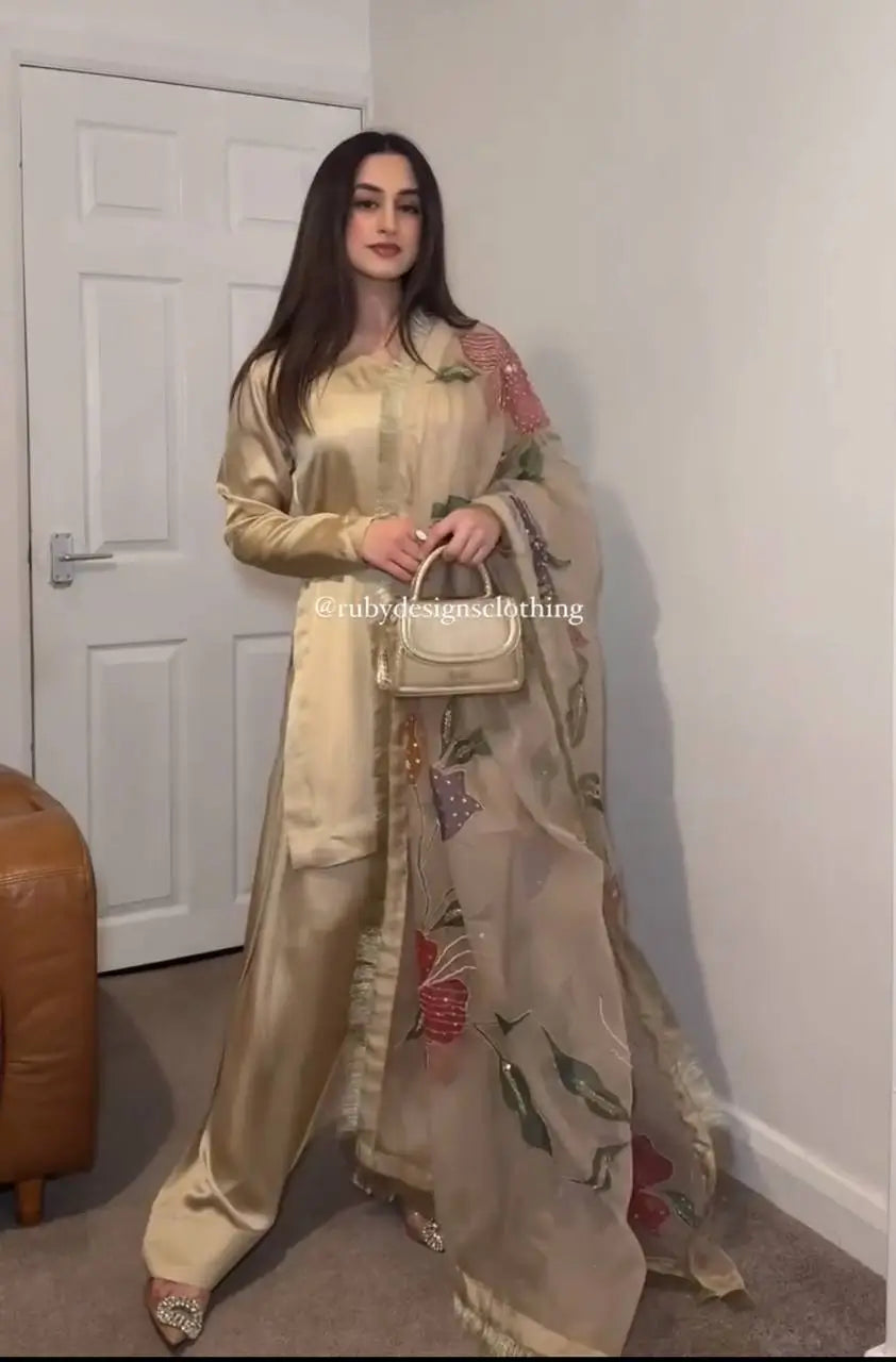Satin Silk Palazzo Suit Set with Organza Dupatta