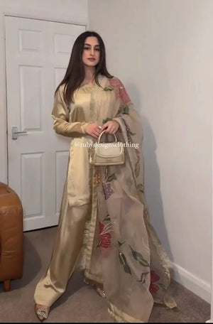 Satin Silk Palazzo Suit Set with Organza Dupatta