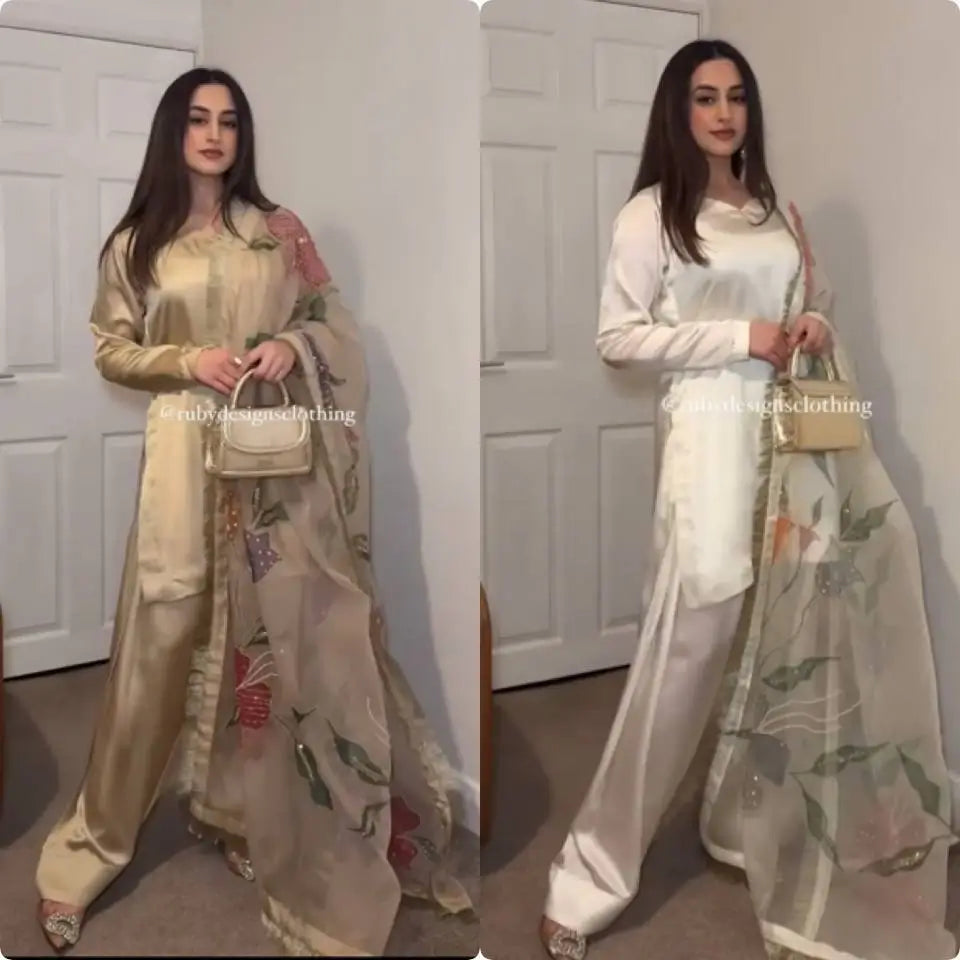 Satin Silk Palazzo Suit Set with Organza Dupatta
