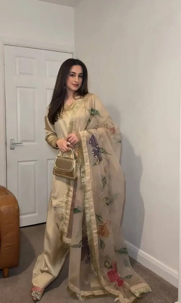 Satin Silk Palazzo Suit Set with Organza Dupatta