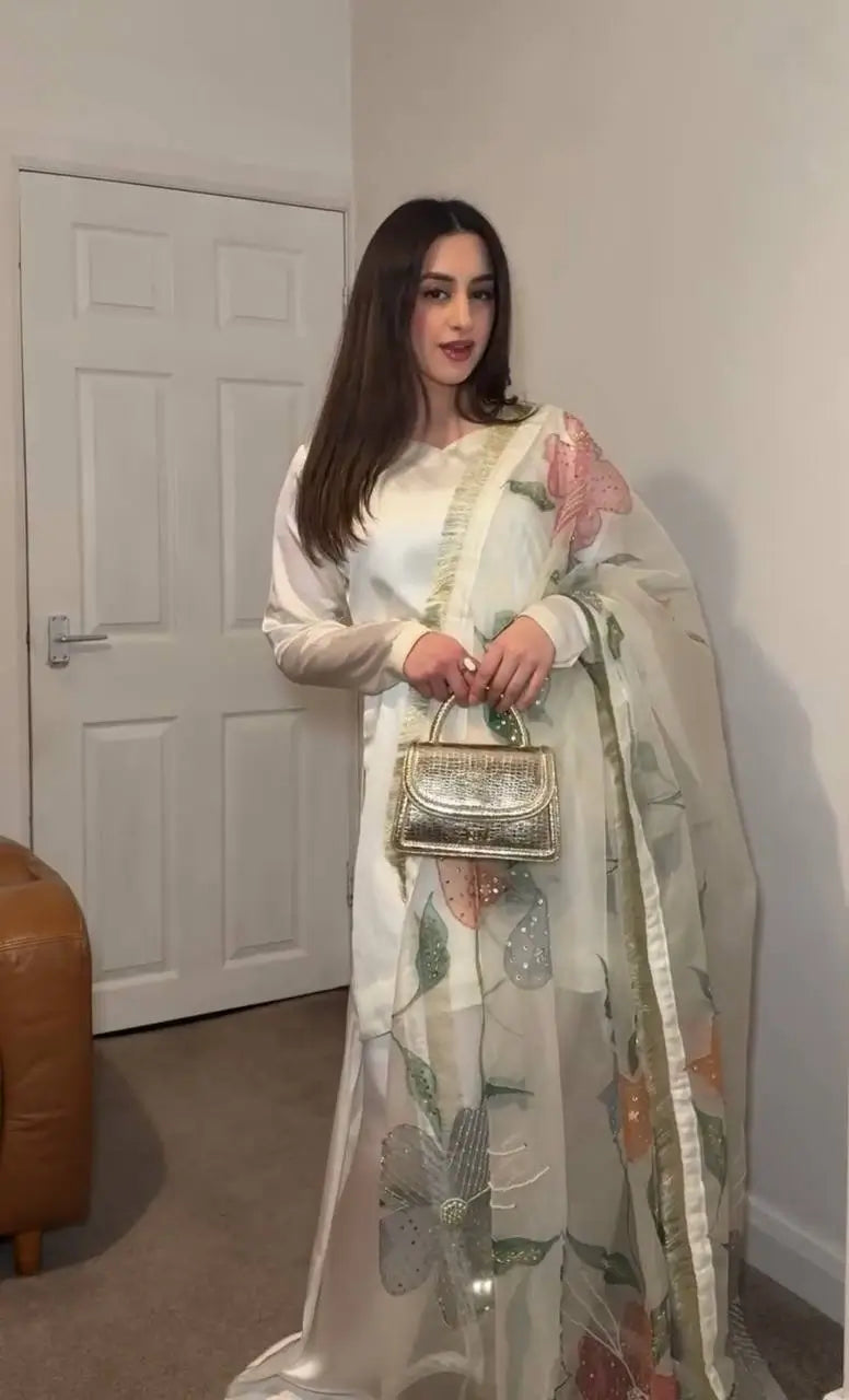 Satin Silk Palazzo Suit Set with Organza Dupatta