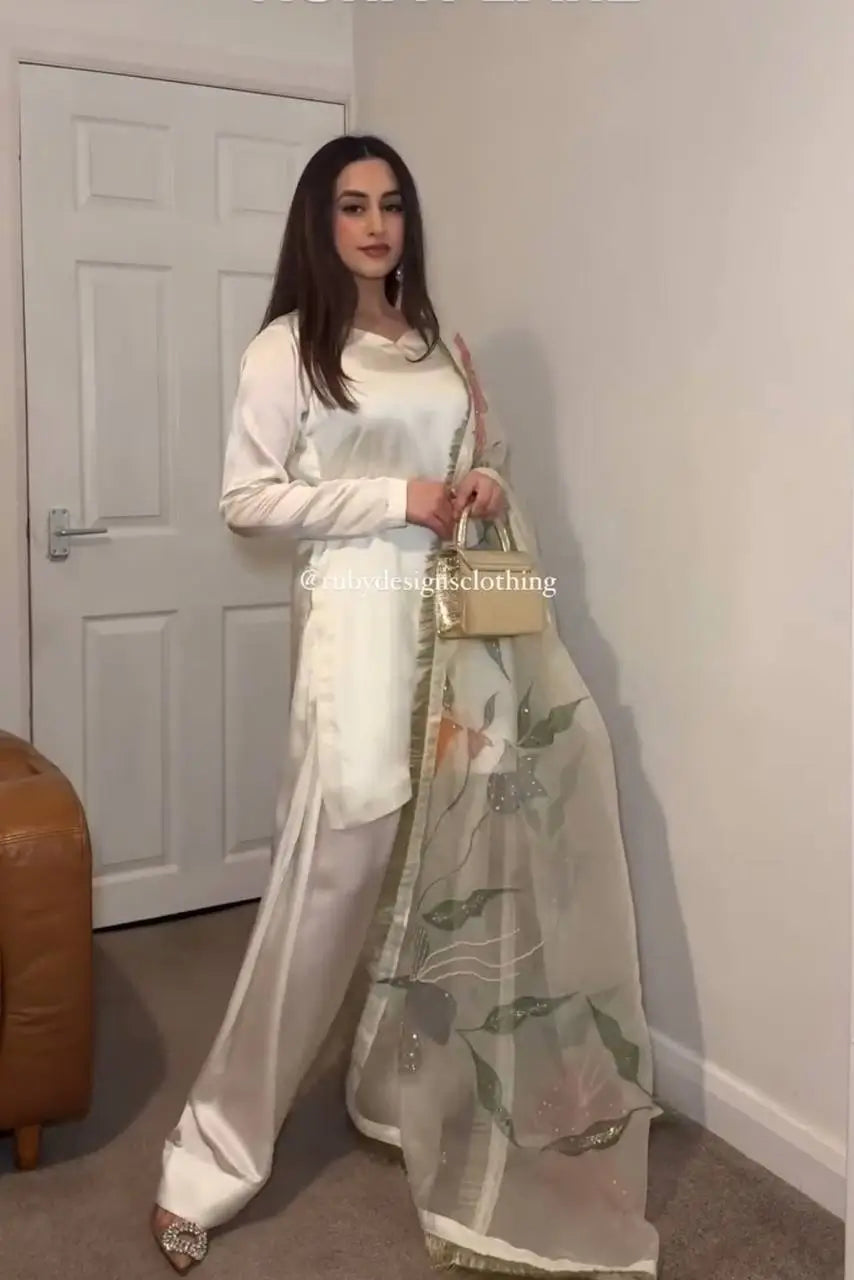Satin Silk Palazzo Suit Set with Organza Dupatta