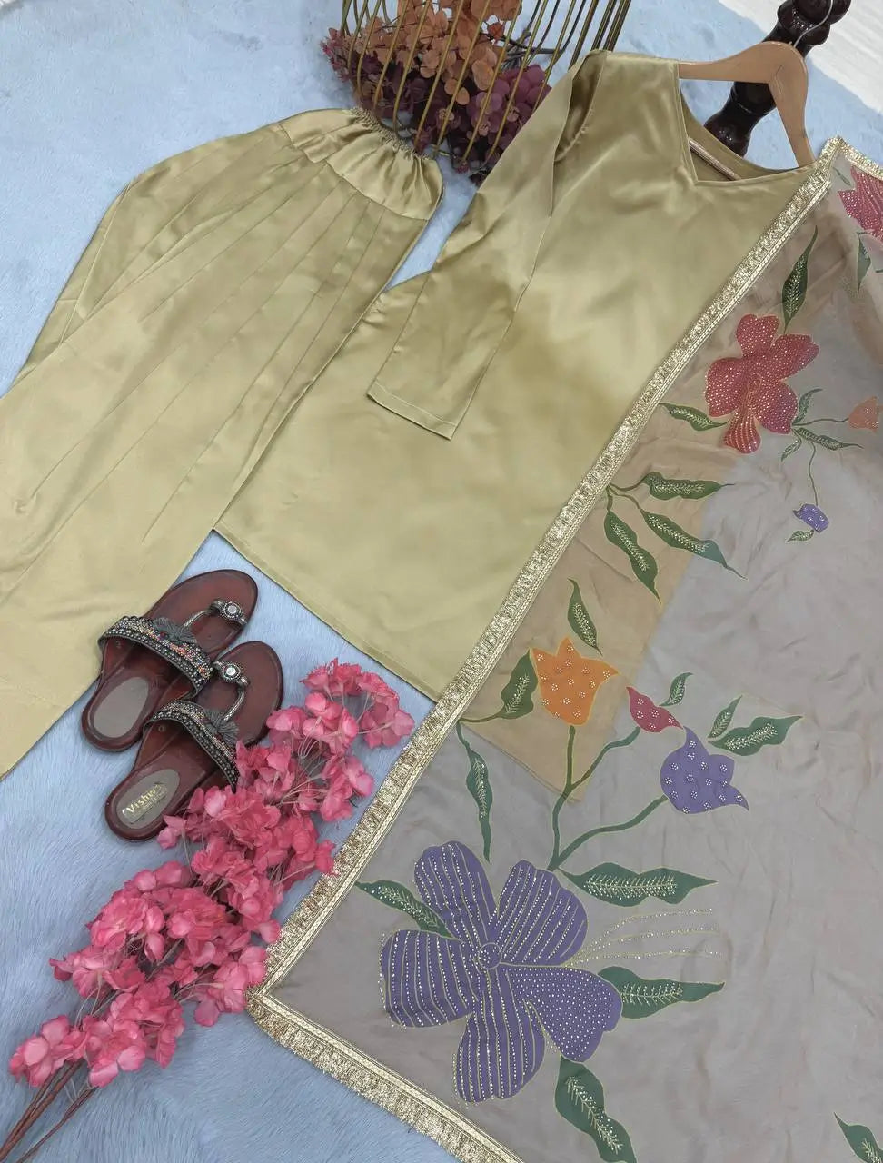 Satin Silk Palazzo Suit Set with Organza Dupatta