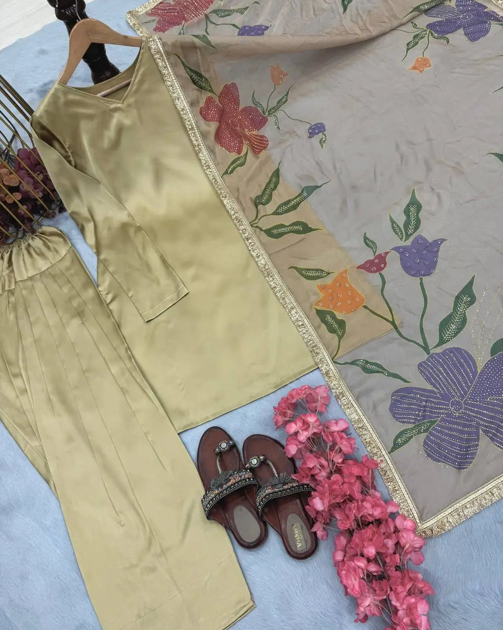 Satin Silk Palazzo Suit Set with Organza Dupatta