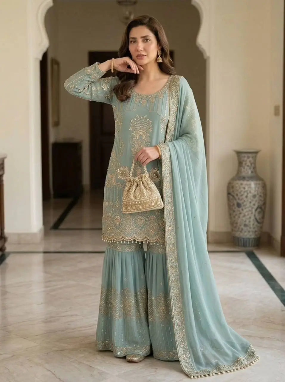 Sea Green Georgette Sharara Set with Sequence Embroidery and One Side Lace Border Dupatta