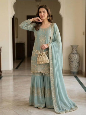 Sea Green Georgette Sharara Set with Sequence Embroidery and One Side Lace Border Dupatta