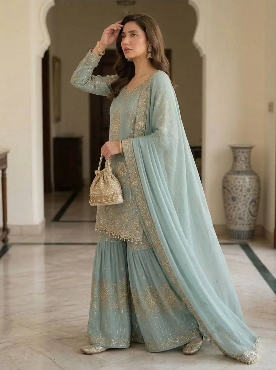 Sea Green Georgette Sharara Set with Sequence Embroidery and One Side Lace Border Dupatta
