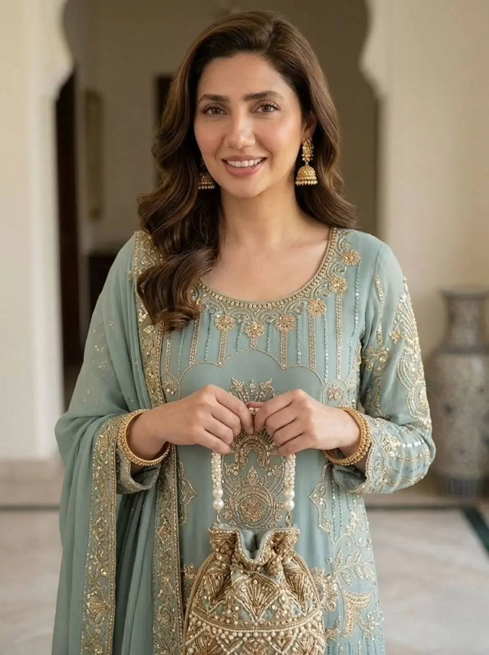 Sea Green Georgette Sharara Set with Sequence Embroidery and One Side Lace Border Dupatta