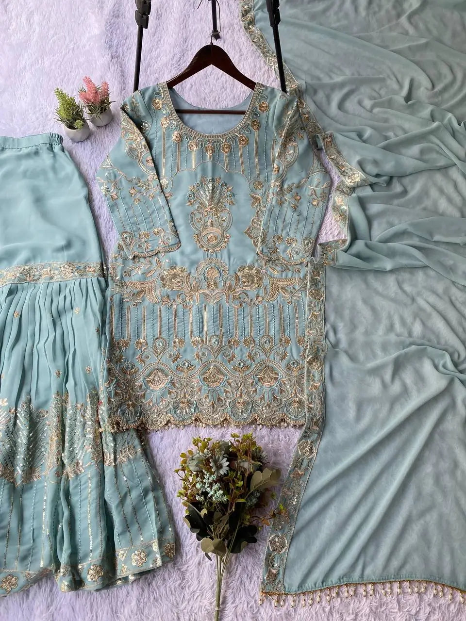 Sea Green Georgette Sharara Set with Sequence Embroidery and One Side Lace Border Dupatta