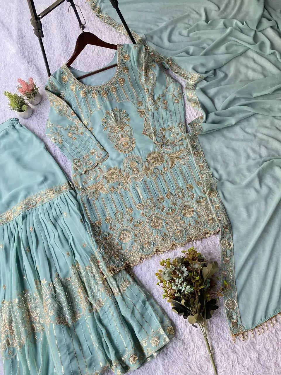 Sea Green Georgette Sharara Set with Sequence Embroidery and One Side Lace Border Dupatta
