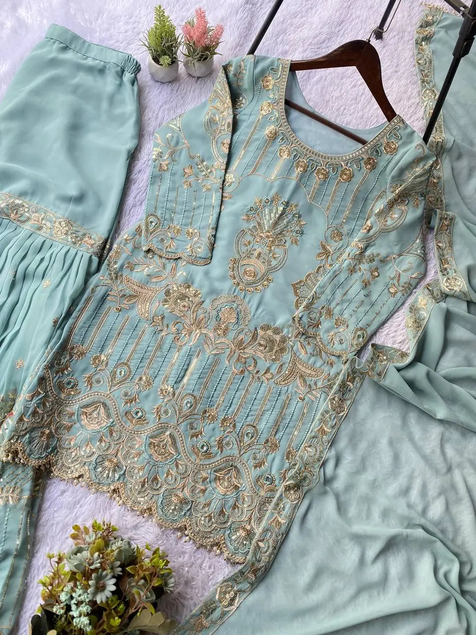 Sea Green Georgette Sharara Set with Sequence Embroidery and One Side Lace Border Dupatta