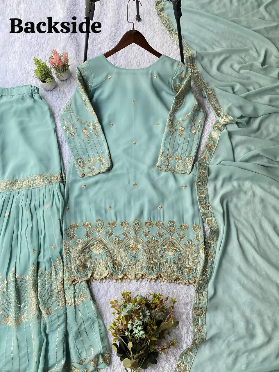 Sea Green Georgette Sharara Set with Sequence Embroidery and One Side Lace Border Dupatta