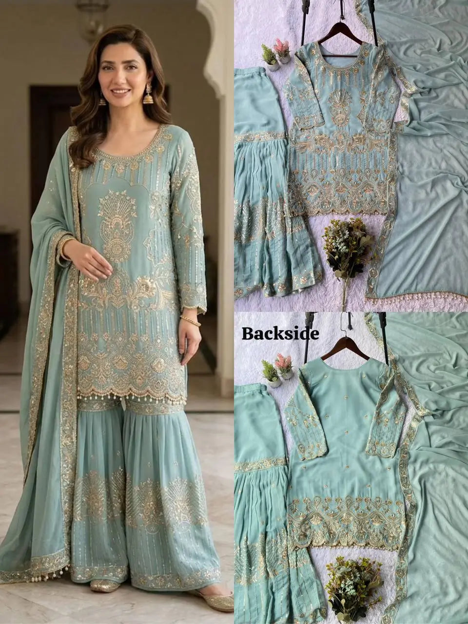 Sea Green Georgette Sharara Set with Sequence Embroidery and One Side Lace Border Dupatta