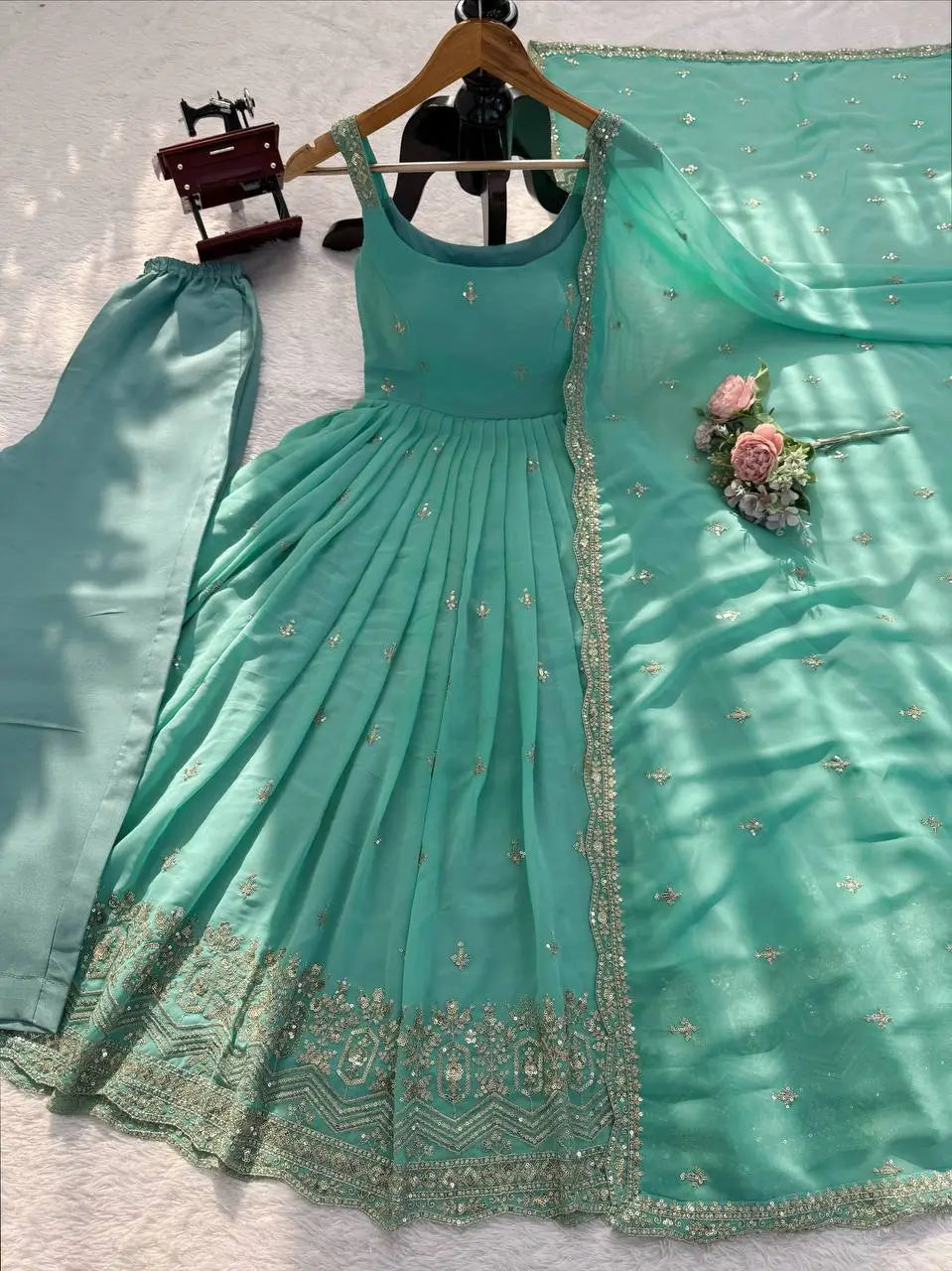 Sea Green Sequin Anarkali Set