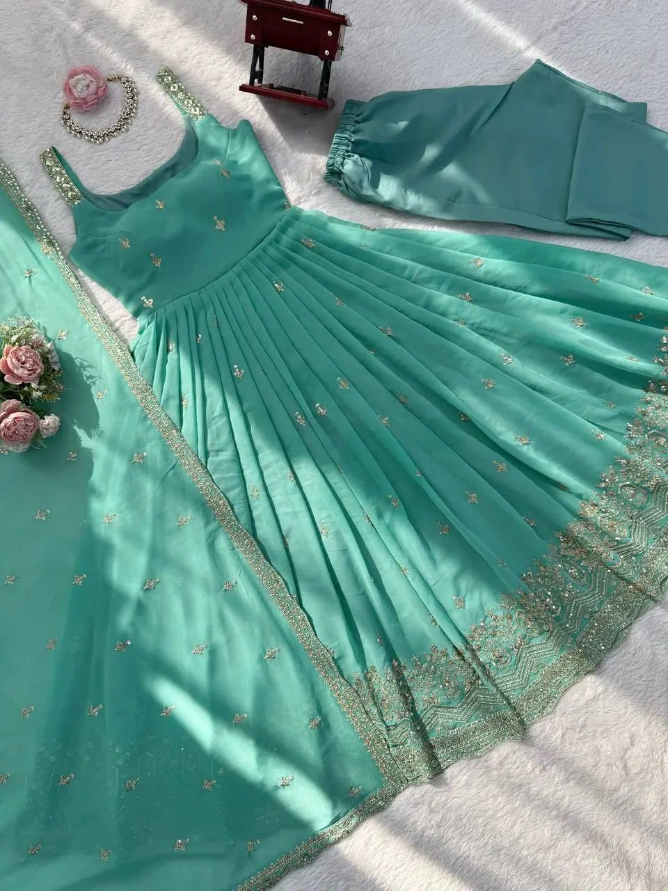Sea Green Sequin Anarkali Set