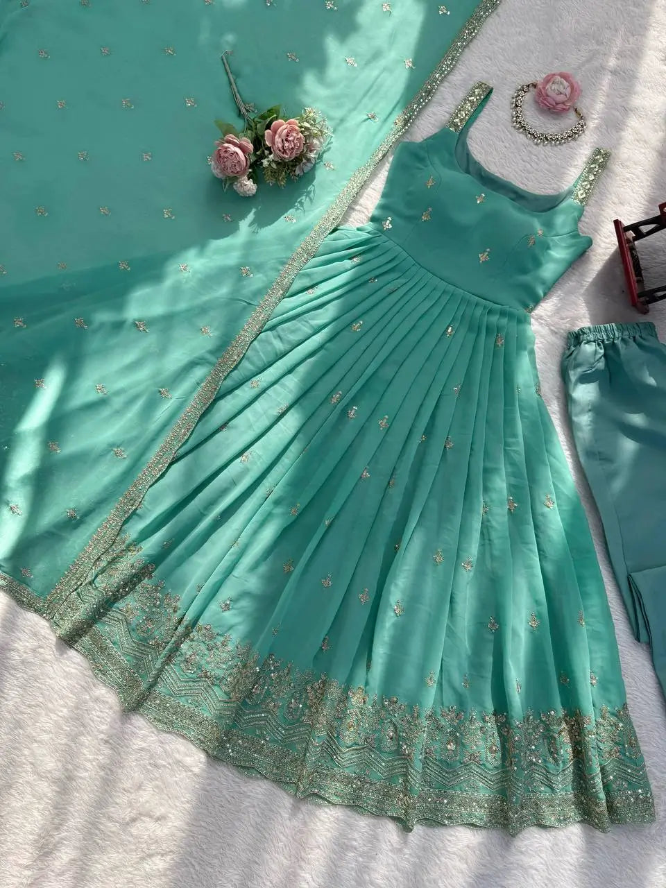 Sea Green Sequin Anarkali Set