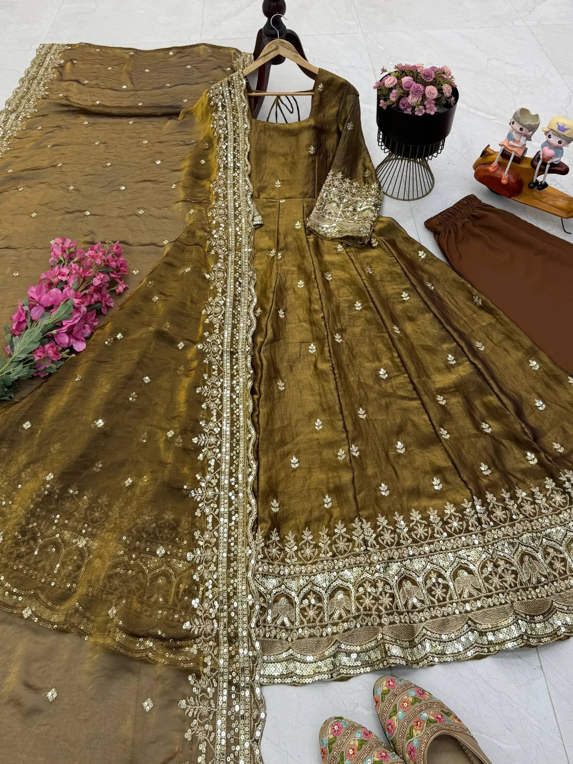 Sequin Booti Ready To Wear Silk Anarkali Gown Set