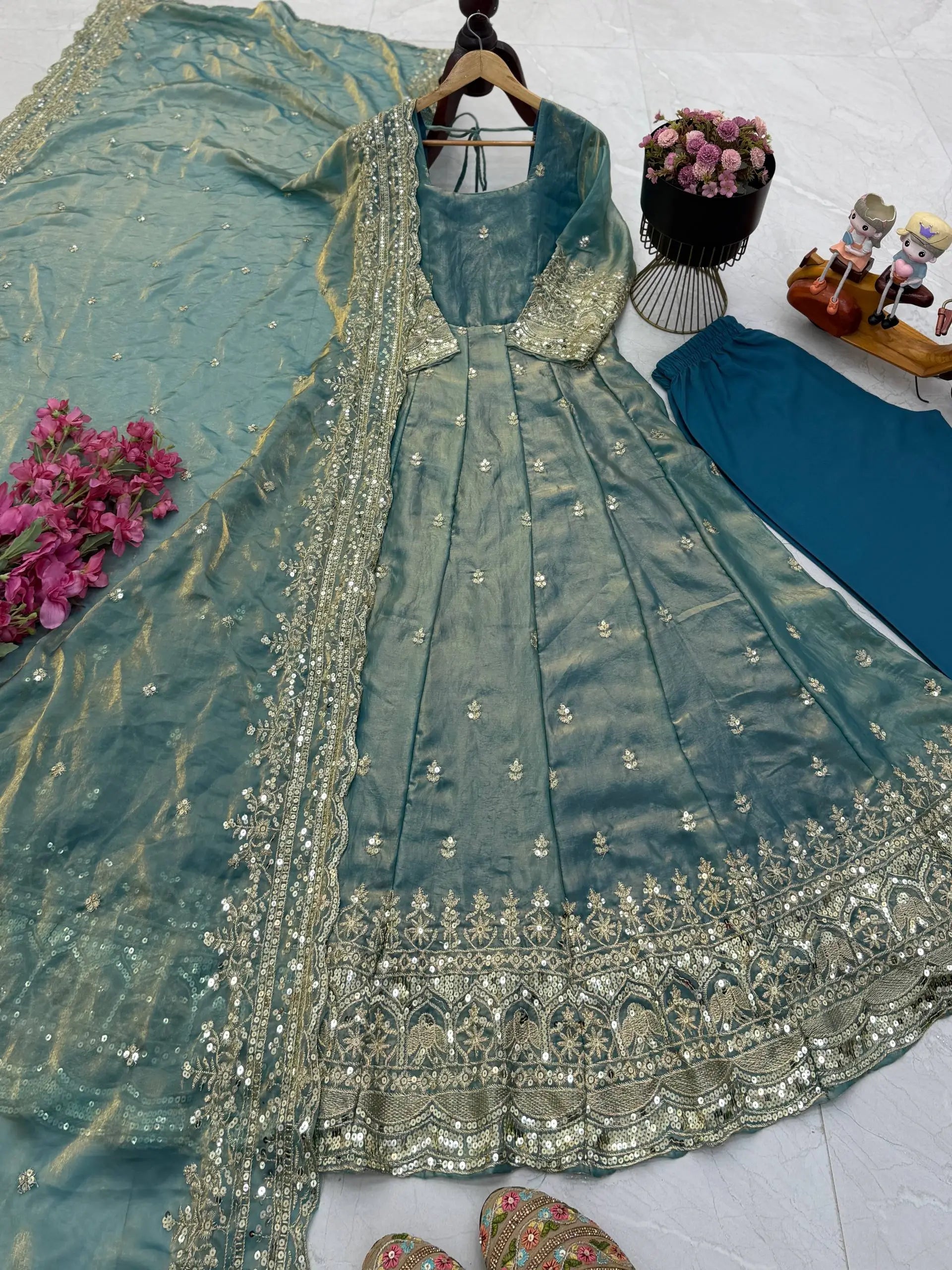 Sequin Booti Ready To Wear Silk Anarkali Gown Set