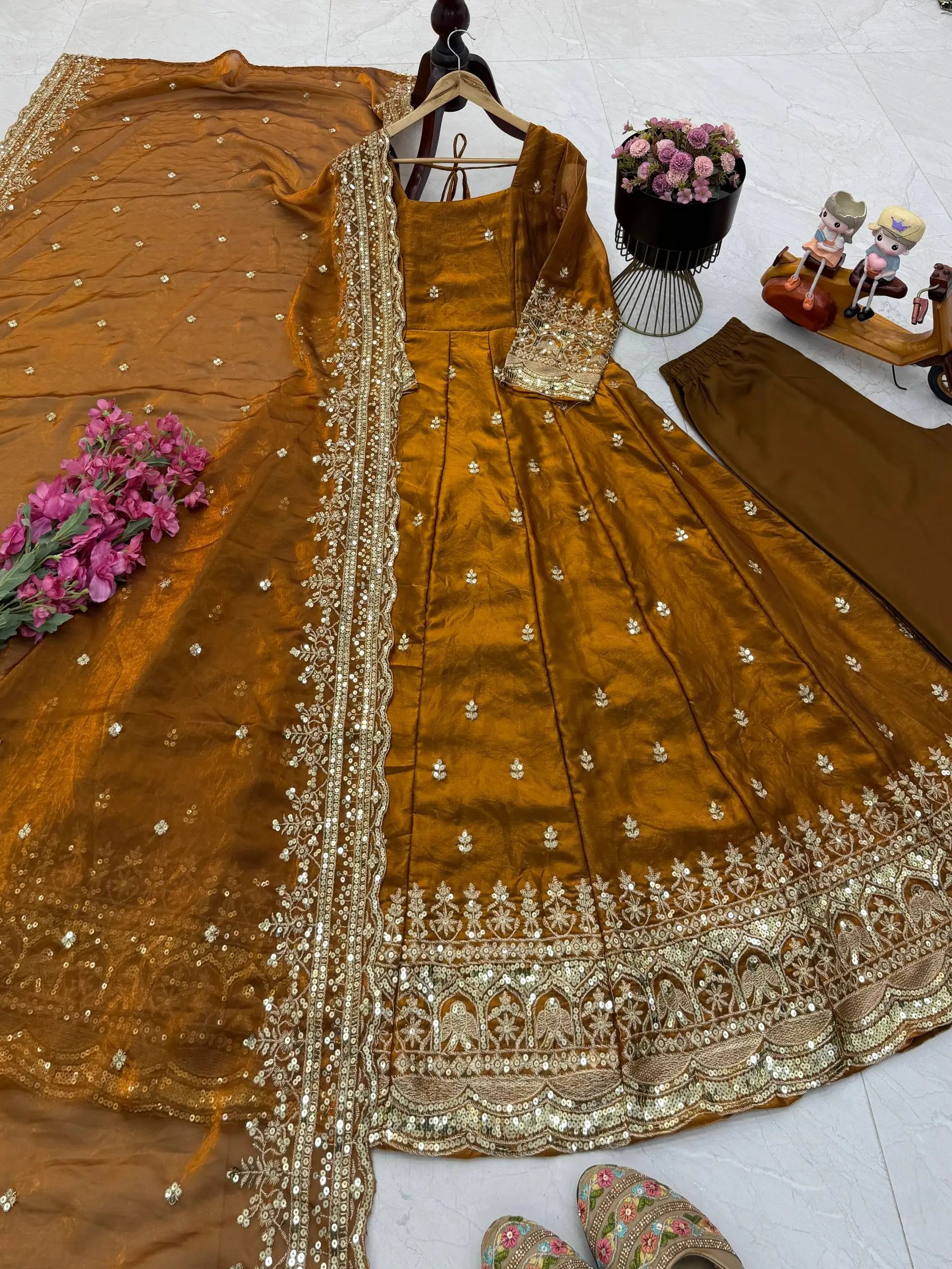 Sequin Booti Ready To Wear Silk Anarkali Gown Set