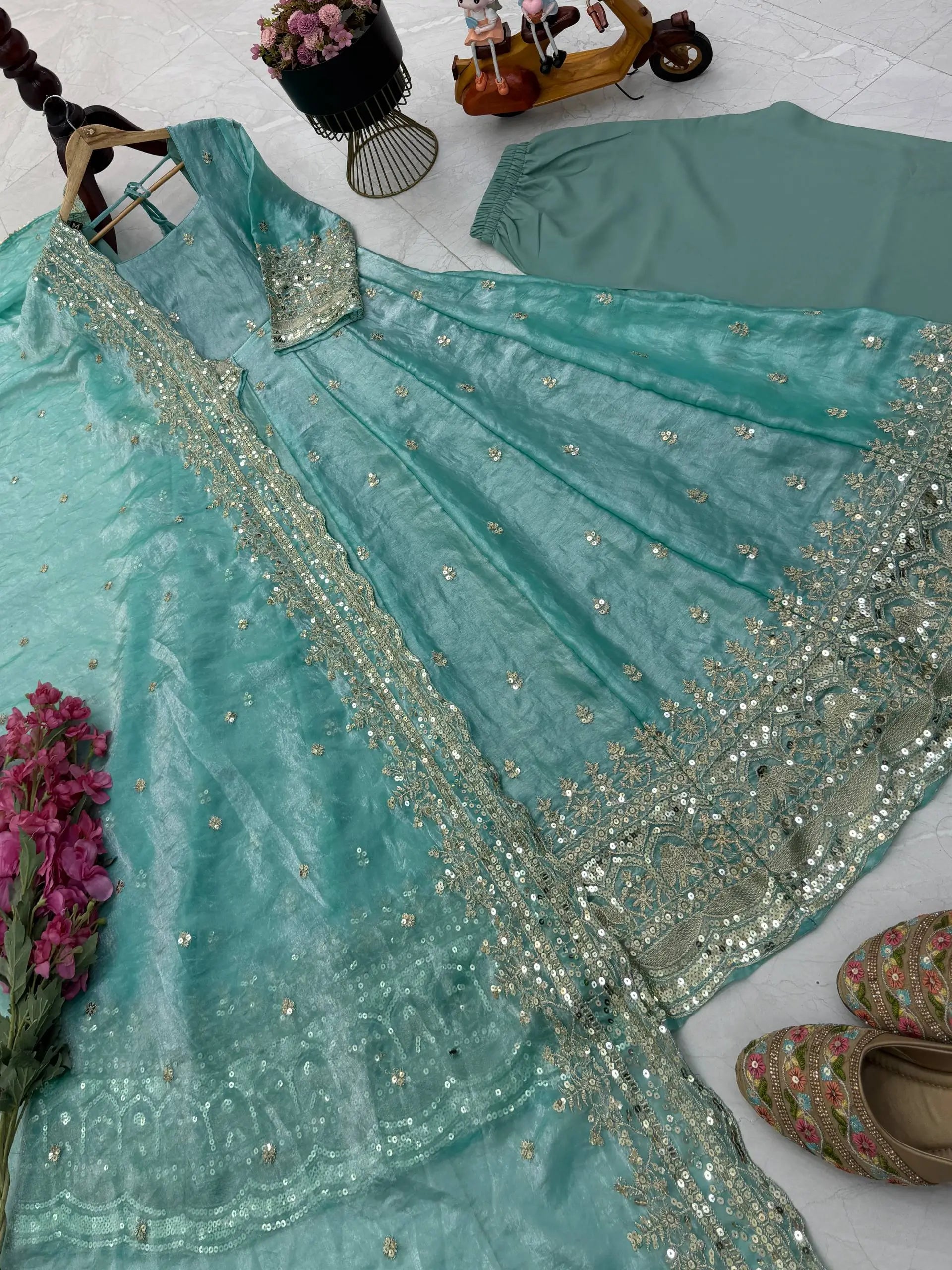 Sequin Booti Ready To Wear Silk Anarkali Gown Set
