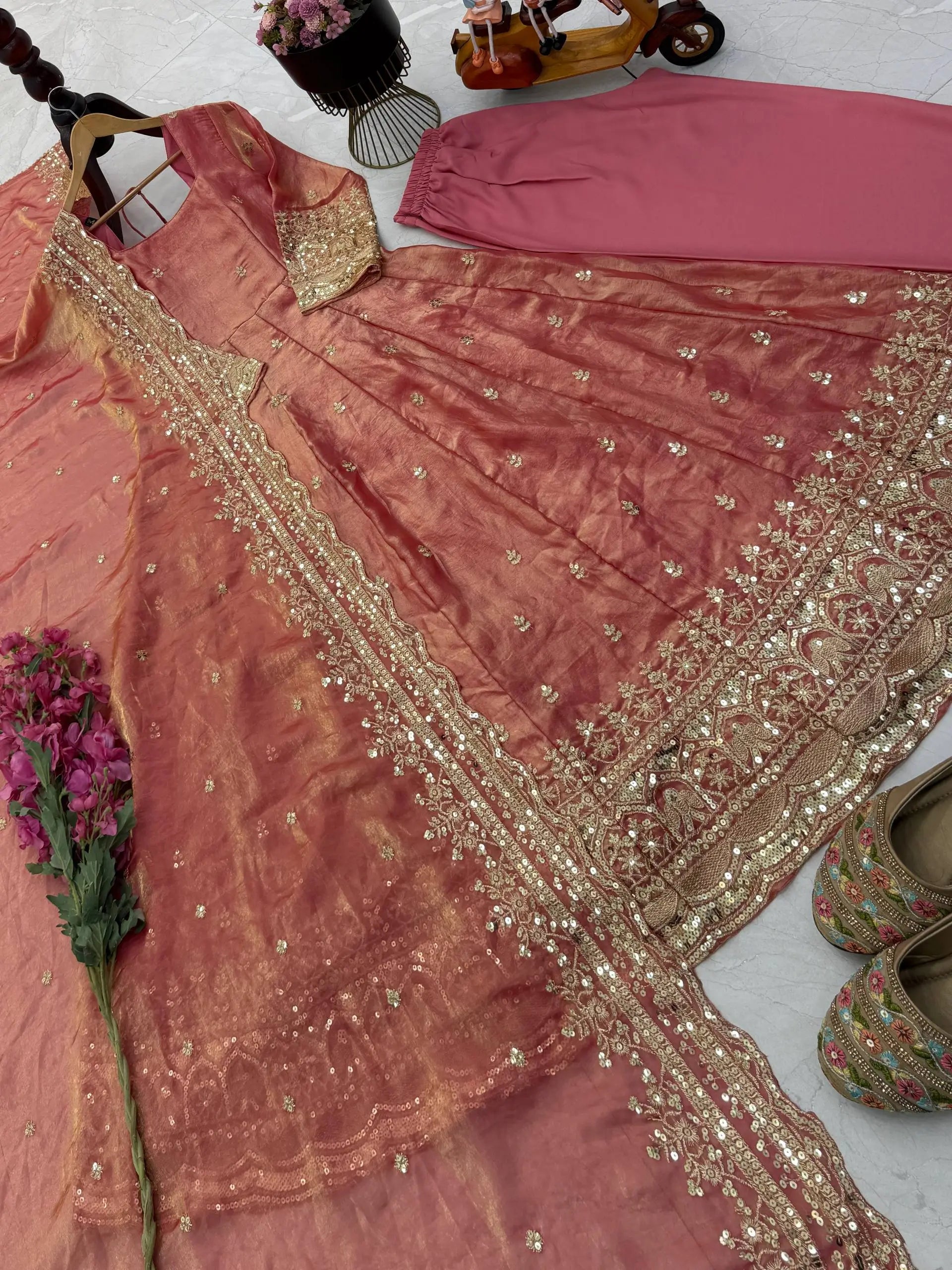 Sequin Booti Ready To Wear Silk Anarkali Gown Set