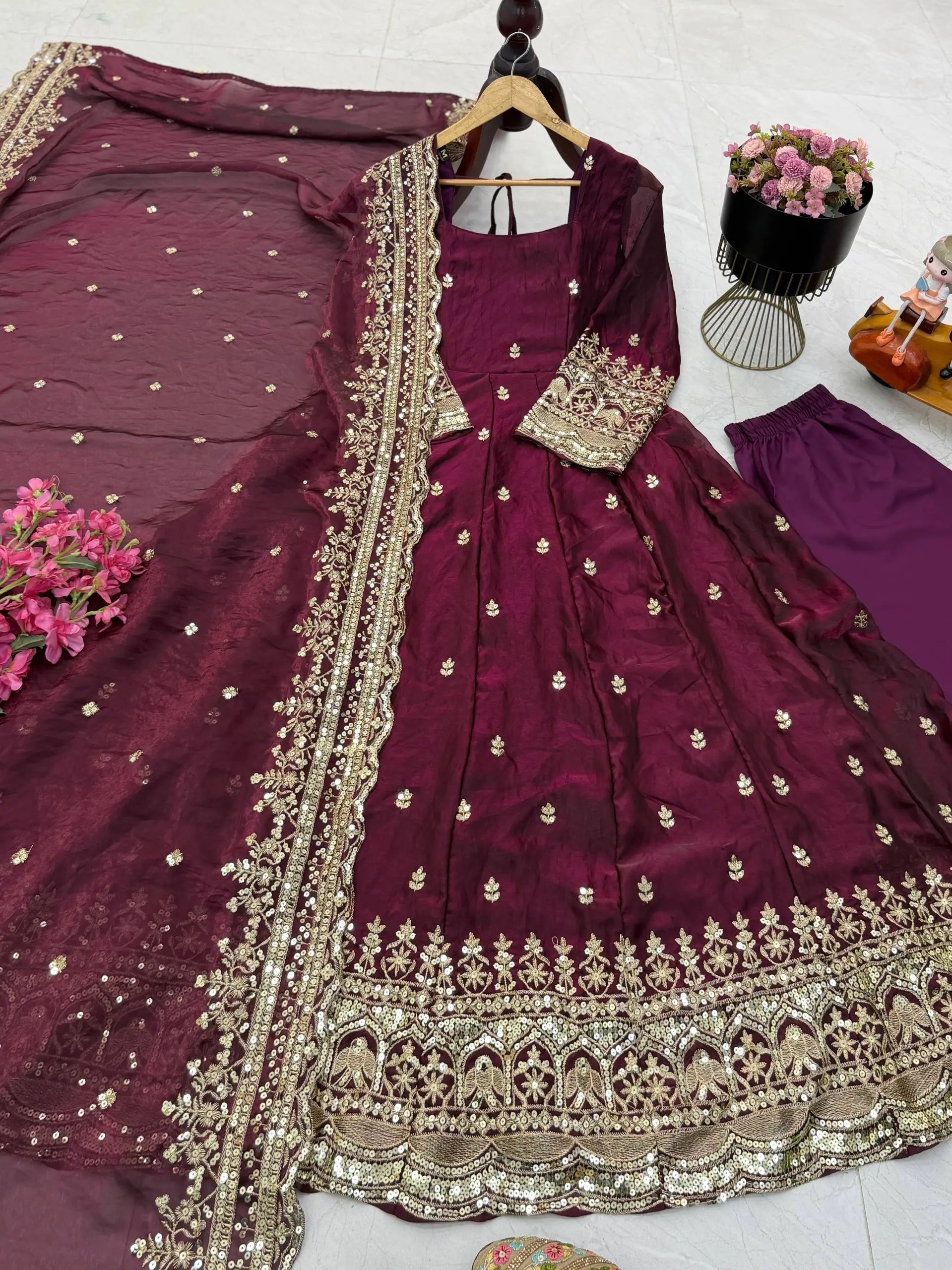 Sequin Booti Ready To Wear Silk Anarkali Gown Set
