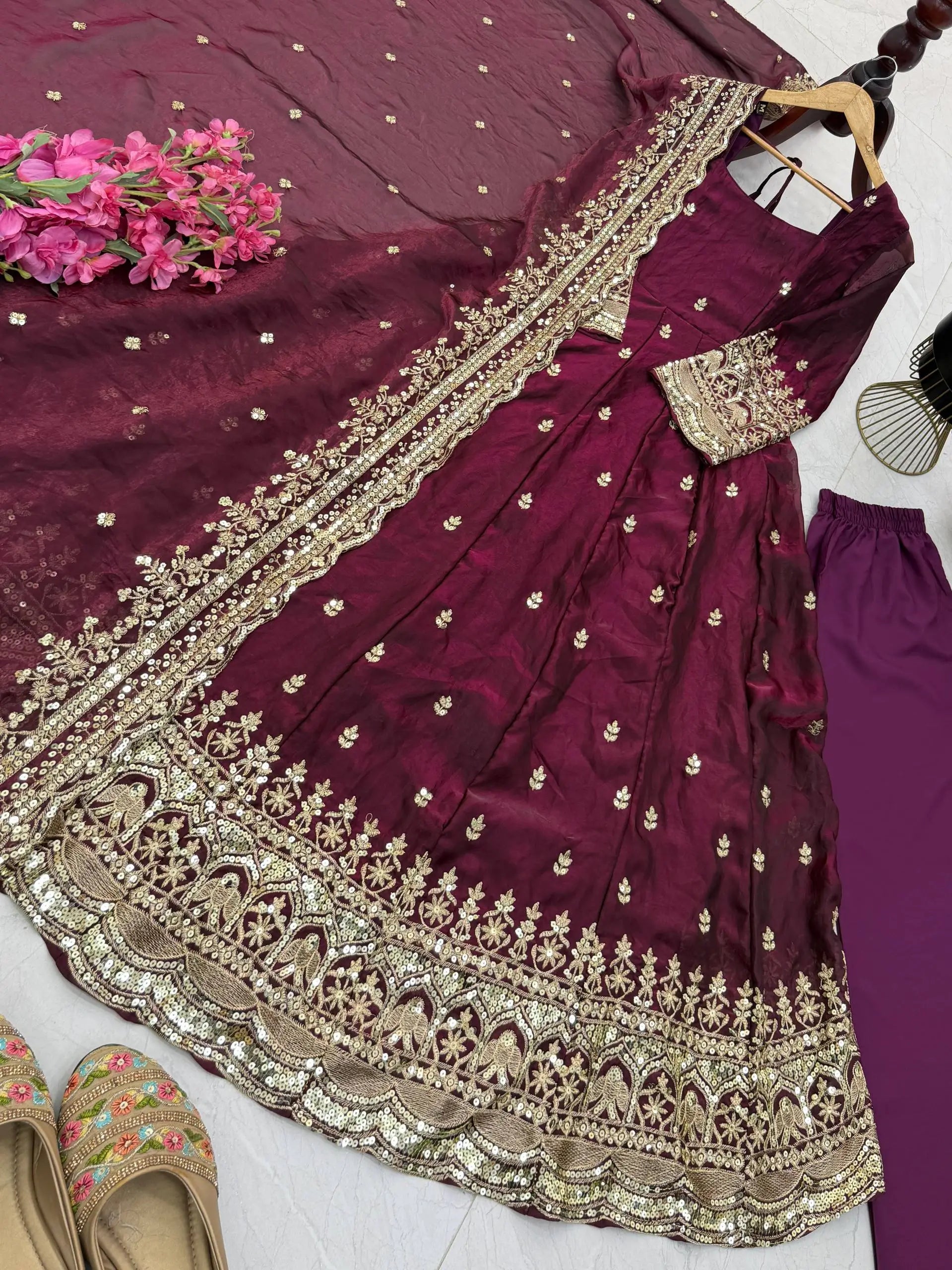 Sequin Booti Ready To Wear Silk Anarkali Gown Set