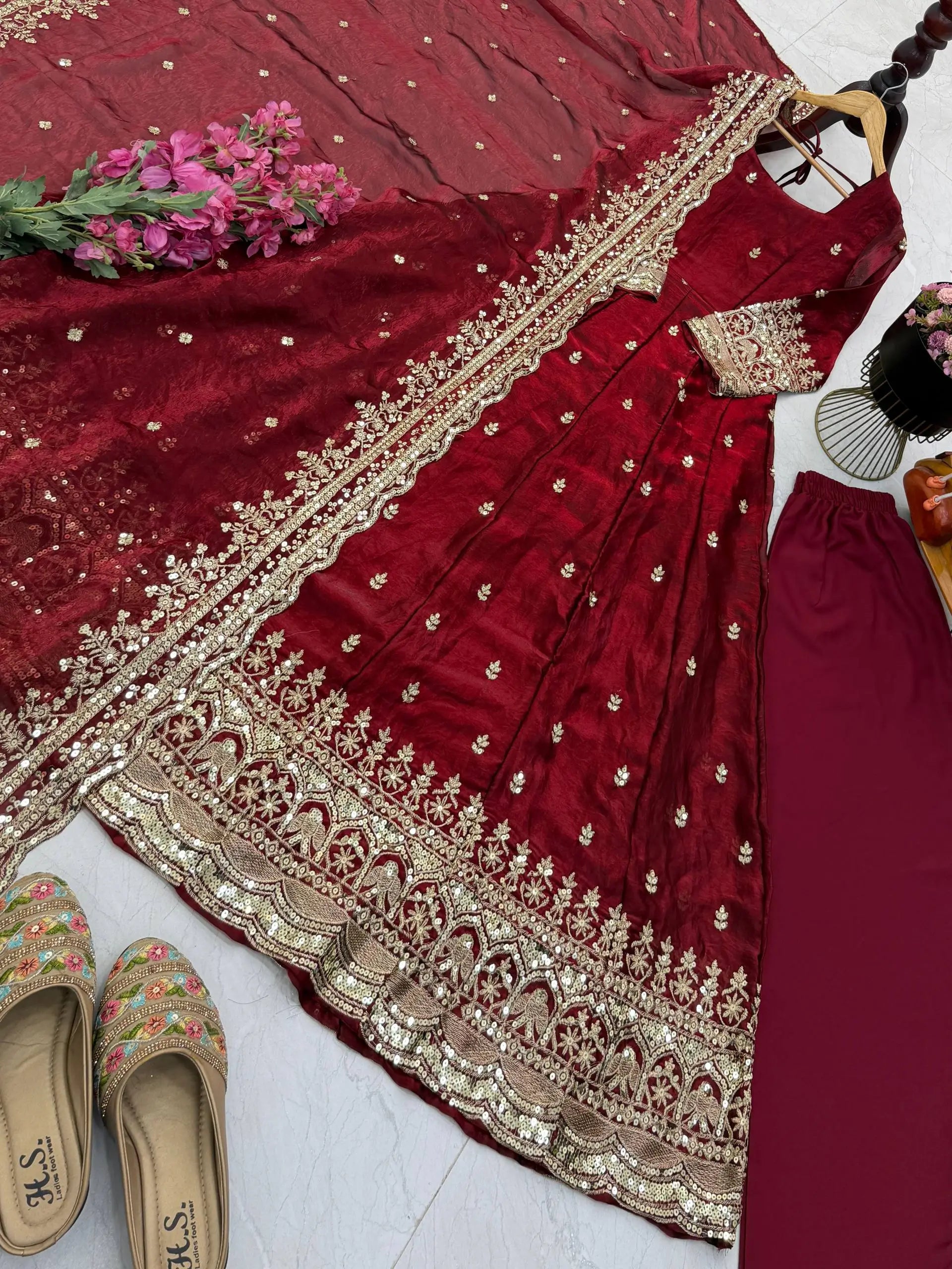 Sequin Booti Ready To Wear Silk Anarkali Gown Set