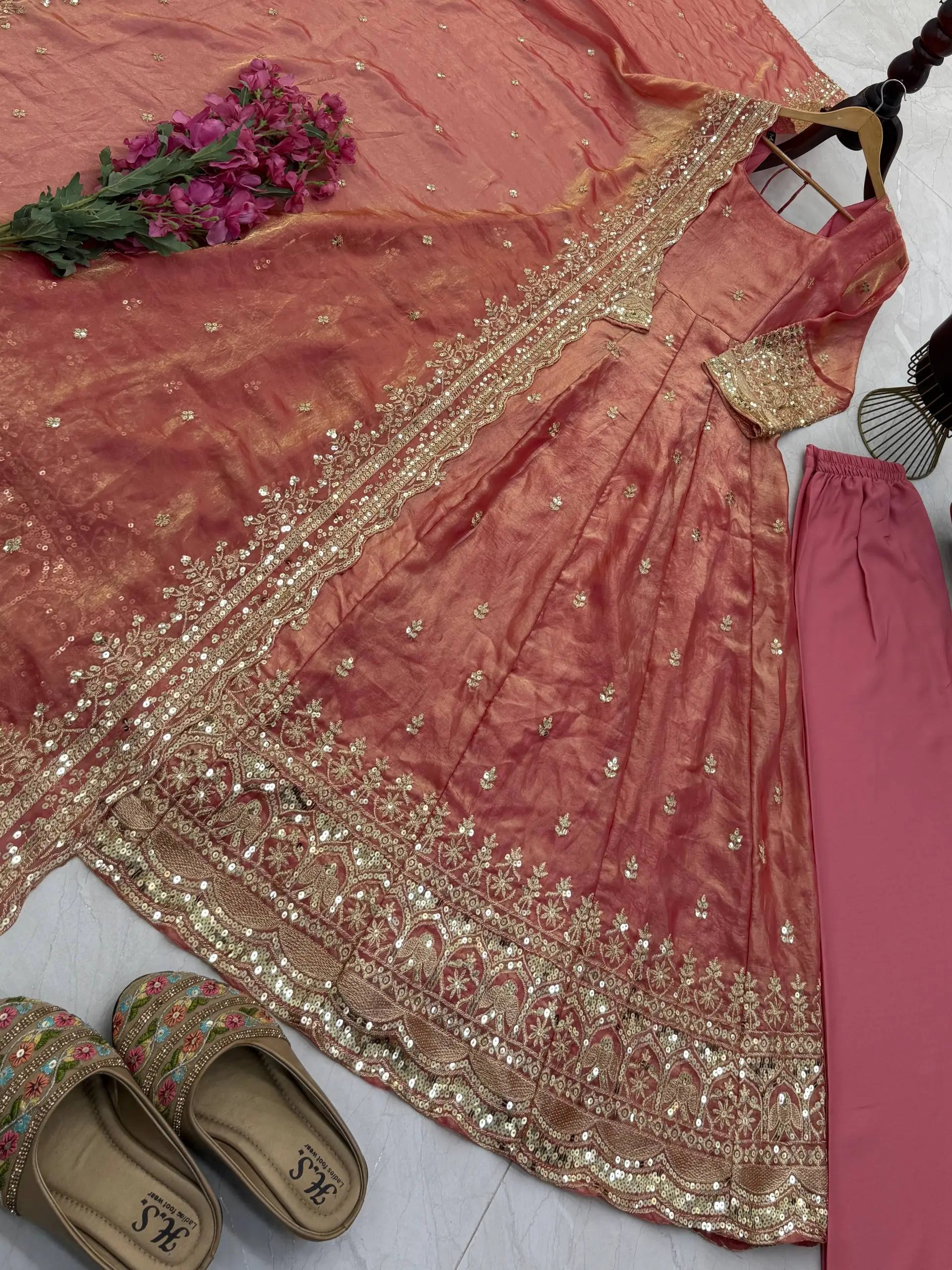 Sequin Booti Ready To Wear Silk Anarkali Gown Set