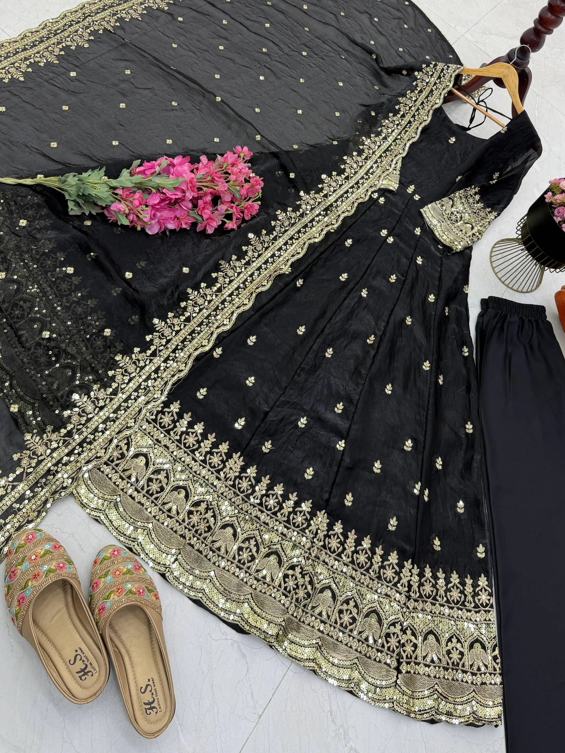 Sequin Booti Ready To Wear Silk Anarkali Gown Set