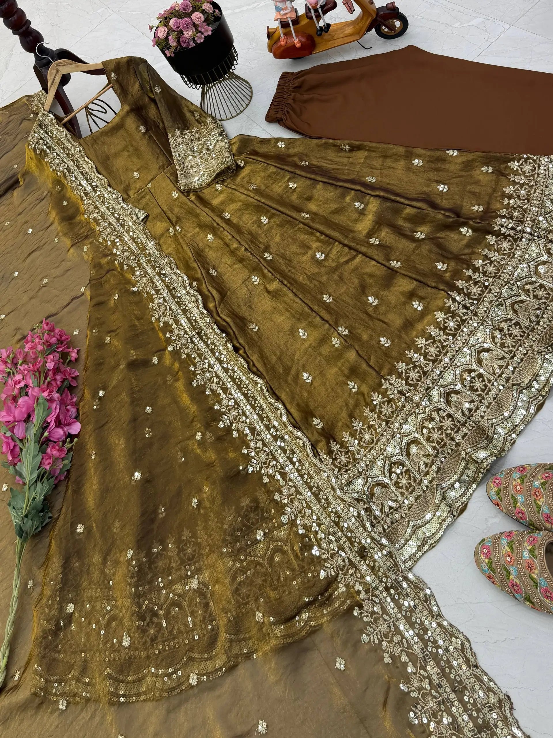 Sequin Booti Ready To Wear Silk Anarkali Gown Set
